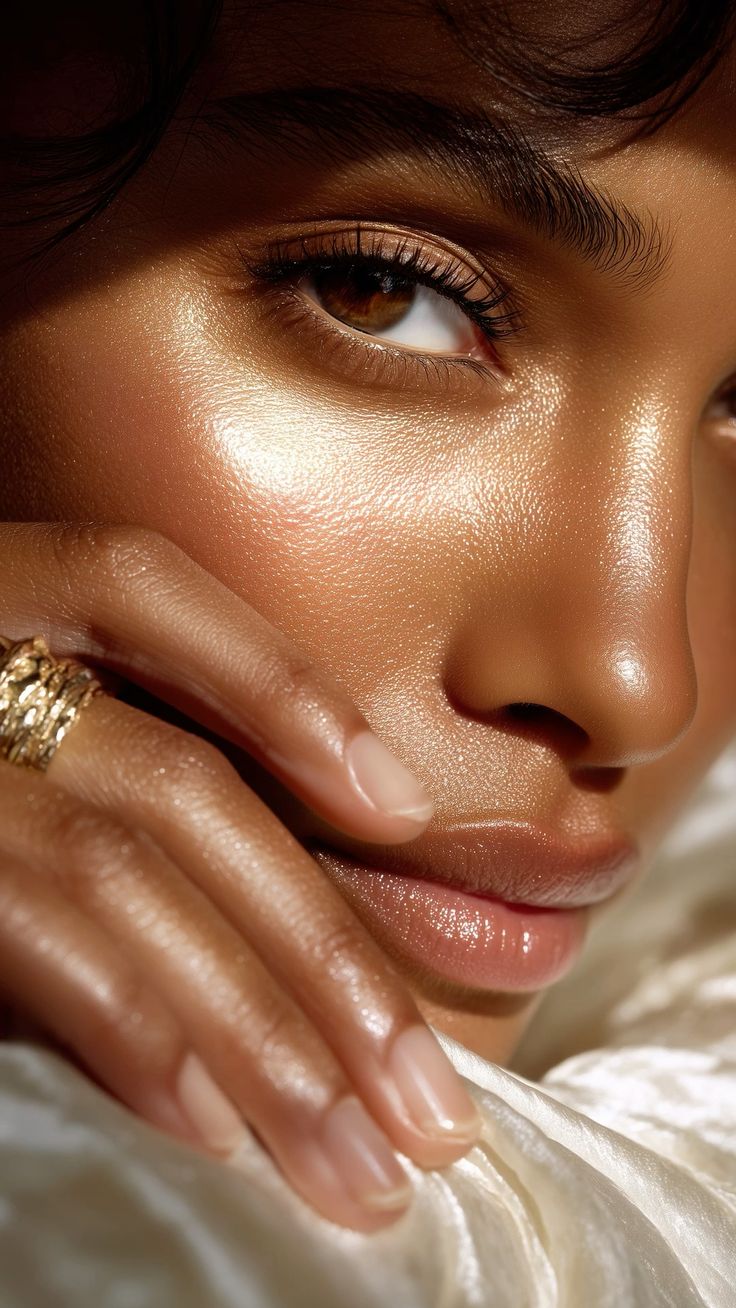Close-up of a creator applying shimmering skincare to glowing skin